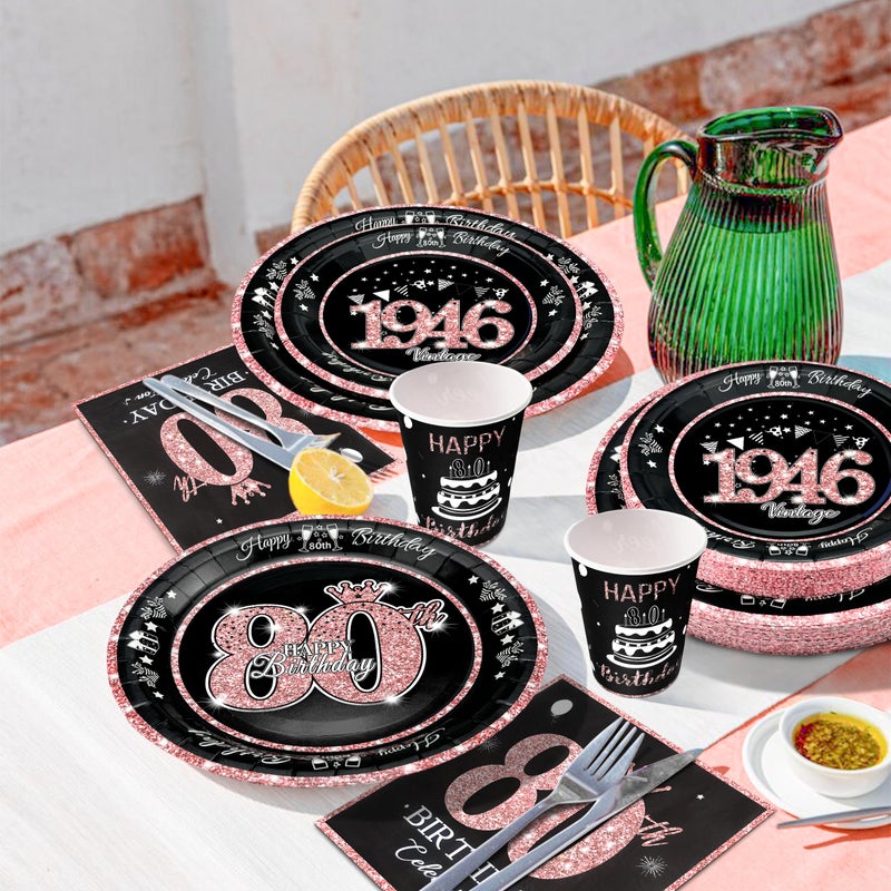 algpty 80th Birthday Decorations Rose Gold, Service for 30, Vintage 80th Birthday Party Supplies Includes Rose Gold 1946 Plates, Napkins,Cups, Plates and Napkins for Women - Image 4