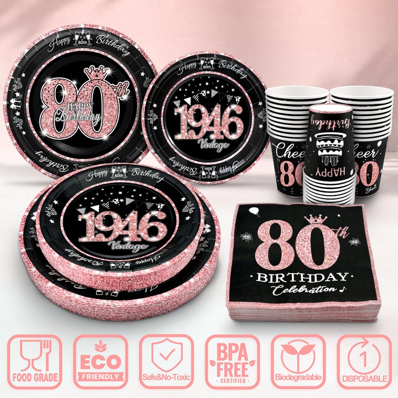 algpty 80th Birthday Decorations Rose Gold, Service for 30, Vintage 80th Birthday Party Supplies Includes Rose Gold 1946 Plates, Napkins,Cups, Plates and Napkins for Women - Image 3