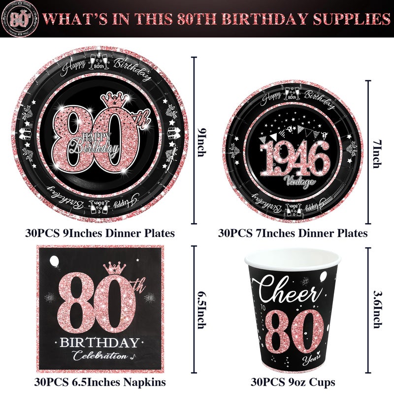 algpty 80th Birthday Decorations Rose Gold, Service for 30, Vintage 80th Birthday Party Supplies Includes Rose Gold 1946 Plates, Napkins,Cups, Plates and Napkins for Women - Image 2
