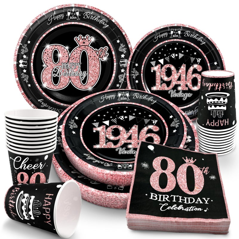algpty 80th Birthday Decorations Rose Gold, Service for 30, Vintage 80th Birthday Party Supplies Includes Rose Gold 1946 Plates, Napkins,Cups, Plates and Napkins for Women - Image 1