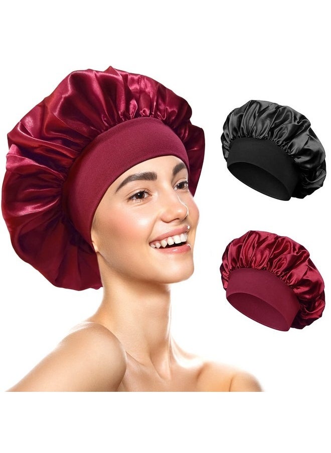 Beauenty 2 Pcs Wide Band Satin Cap,Sleep Cap, Satin Hair Bonnet, Hair Bonnet for Sleeping, Wide Band Silk Sleep Bonnet, Reusable Elastic Sleep Hat, Night Sleep Cap Silk Bonnet for Women Girls  - Image 1