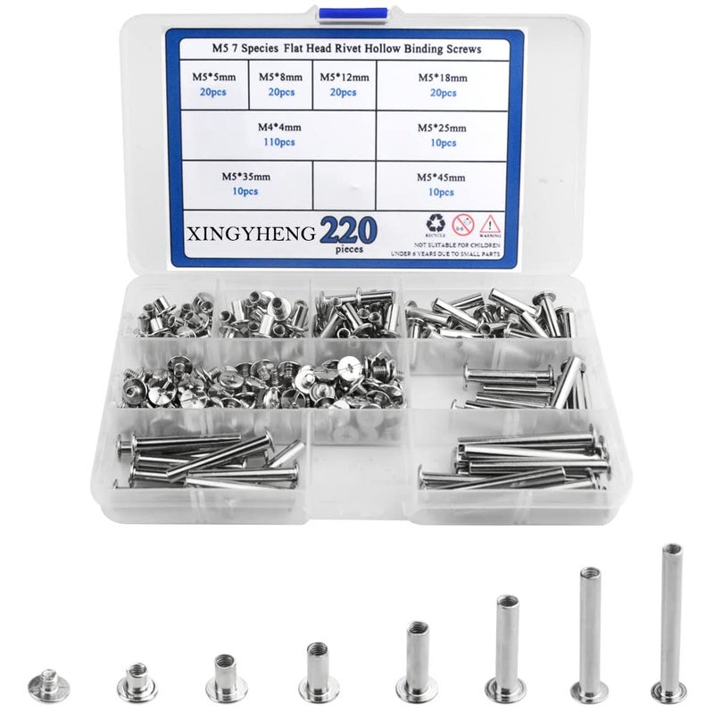 XINGYHENG 220Pcs110 Set M5 7 Species Flat Head Rivet Hollow Binding Screws TShape Round Docking Rivet Assortment Kit for Scrapbook Album Binding and Leather Repair