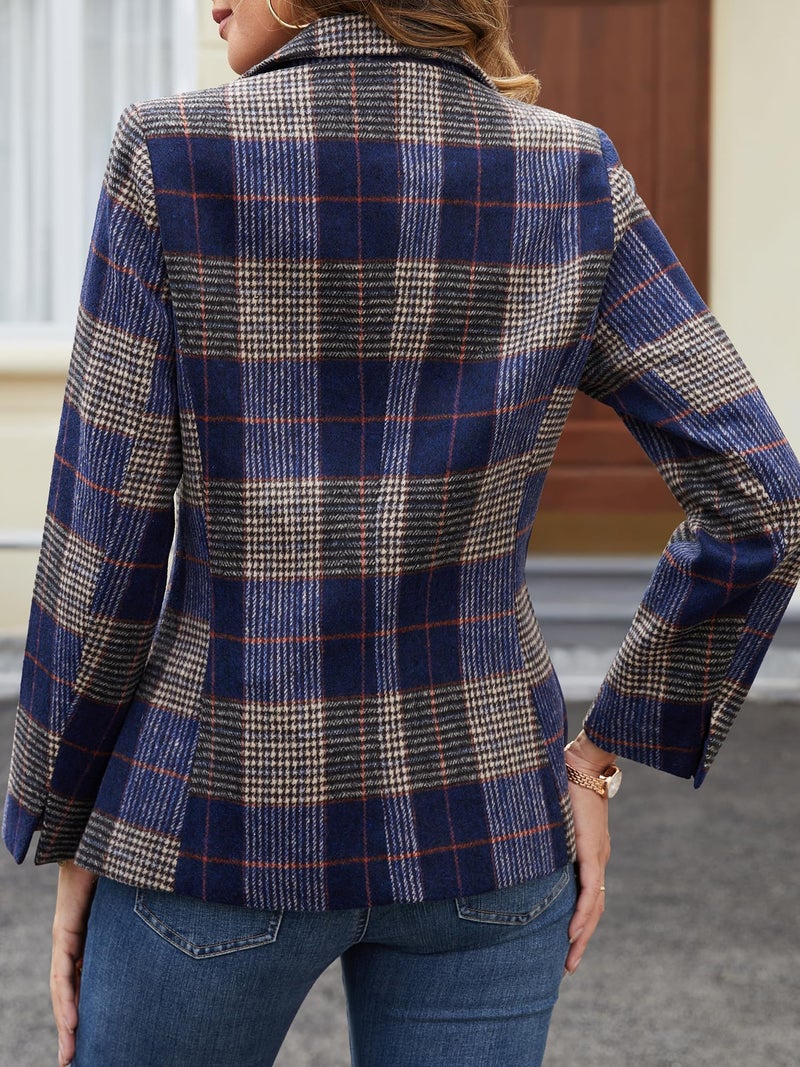 ELLEVEN Womens Casual Plaid Blazer Lapel Collar Double Button Long Sleeve Boyfriend Blazer Suit Houndstooth Plaid Blazer Jacket Business Work Office Blazer Suits Navy Blue Plaid Large - Image 2