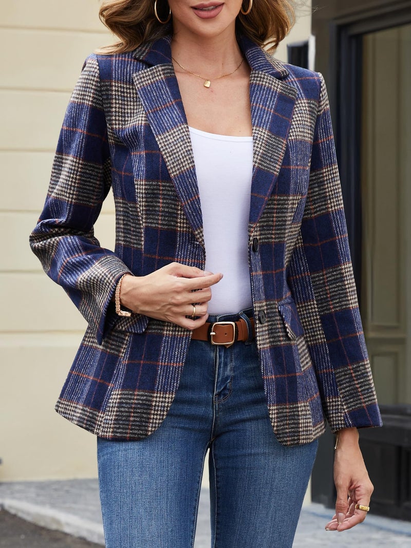 ELLEVEN Womens Casual Plaid Blazer Lapel Collar Double Button Long Sleeve Boyfriend Blazer Suit Houndstooth Plaid Blazer Jacket Business Work Office Blazer Suits Navy Blue Plaid Large - Image 4