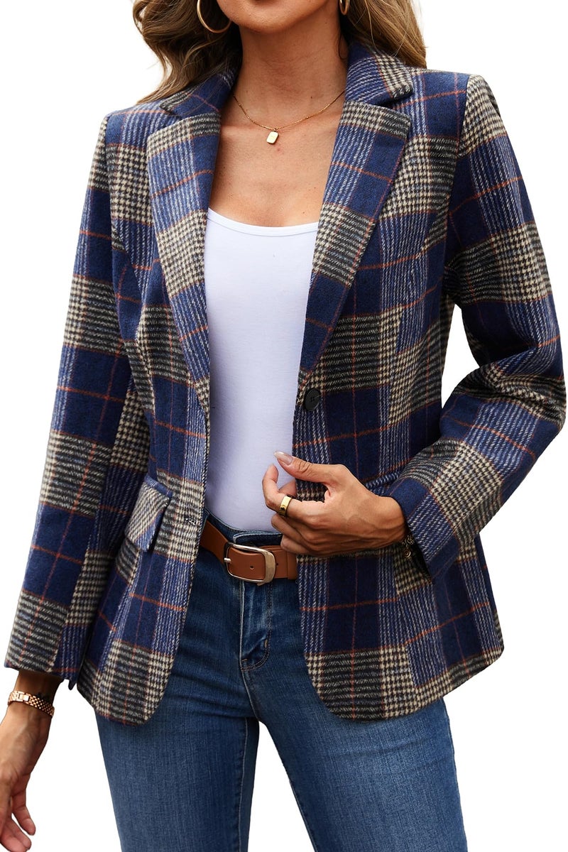 ELLEVEN Womens Casual Plaid Blazer Lapel Collar Double Button Long Sleeve Boyfriend Blazer Suit Houndstooth Plaid Blazer Jacket Business Work Office Blazer Suits Navy Blue Plaid Large - Image 1