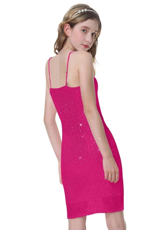 EXARUS فستان إكساروس لامع للبنات، مناسب لحفلات العودة إلى الوطن والرقص المدرسي، مزين بالترتر، بحمالات رفيعة، فستان ضيق للمناسبات الخاصة، لون وردي فاقع، مقاس 12 سنة - Image 4