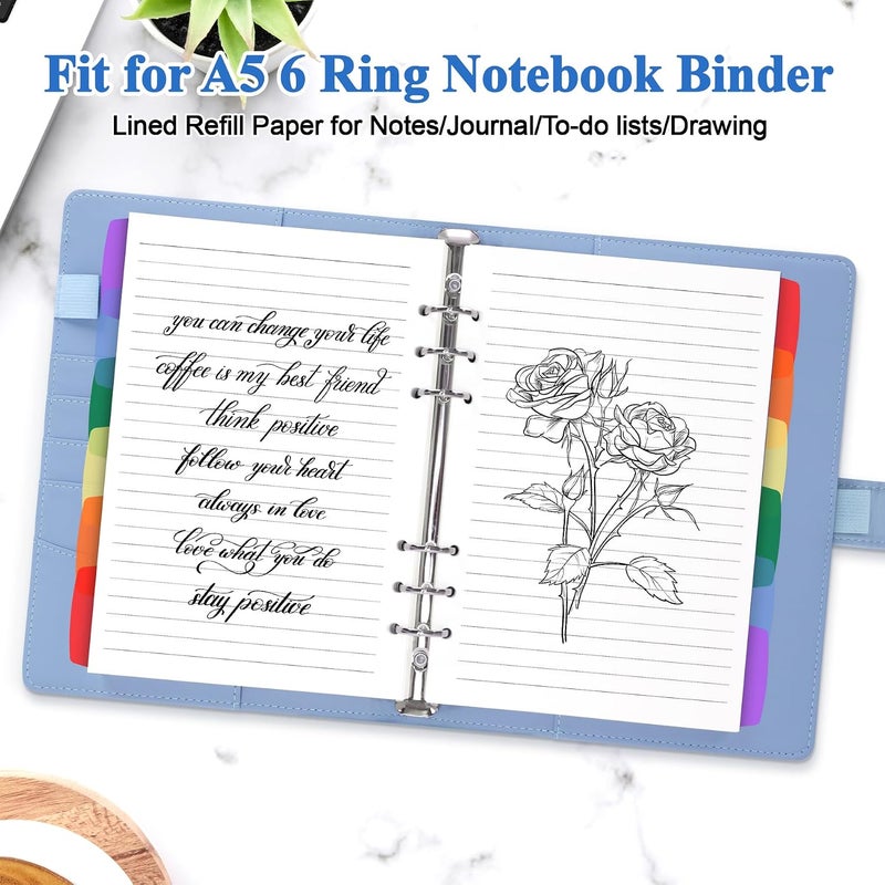 Antner A5 Lined Refill Paper 6 Hole Planner Inserts for A5 6 Ring Binder, 135 Sheets Wide Ruled Lined Filler Paper Loose Leaf Refills with 12PCS Binder Dividers for Refillable Notebook, Bullet Journal - Image 4