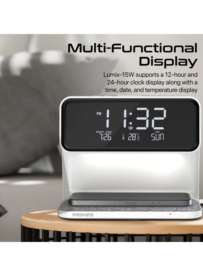 PROMATE iPhone 15 Digital Alarm Clock 3-In-1 LED Bedside Alarm Clock With 15W Wireless Charging Pad Dual Alarms Snooze Function LED Display Screen And 3 Mode Night Light For iPhone 14 Galaxy S23 WHITE - Image 3