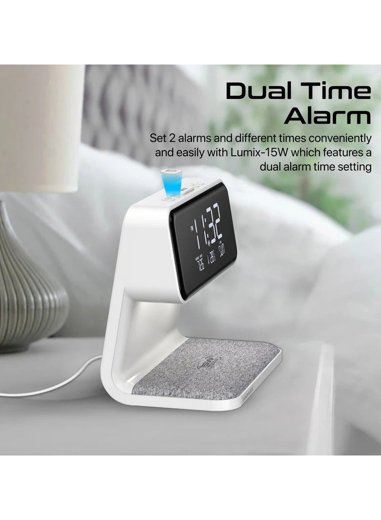 PROMATE iPhone 15 Digital Alarm Clock 3-In-1 LED Bedside Alarm Clock With 15W Wireless Charging Pad Dual Alarms Snooze Function LED Display Screen And 3 Mode Night Light For iPhone 14 Galaxy S23 WHITE - Image 4