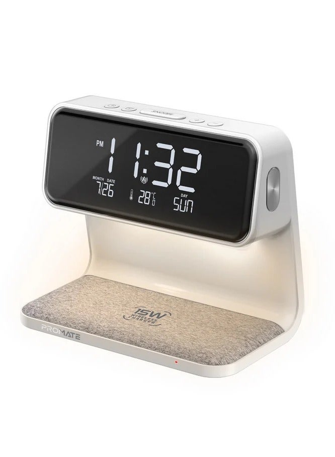 PROMATE iPhone 15 Digital Alarm Clock 3-In-1 LED Bedside Alarm Clock With 15W Wireless Charging Pad Dual Alarms Snooze Function LED Display Screen And 3 Mode Night Light For iPhone 14 Galaxy S23 WHITE - Image 1
