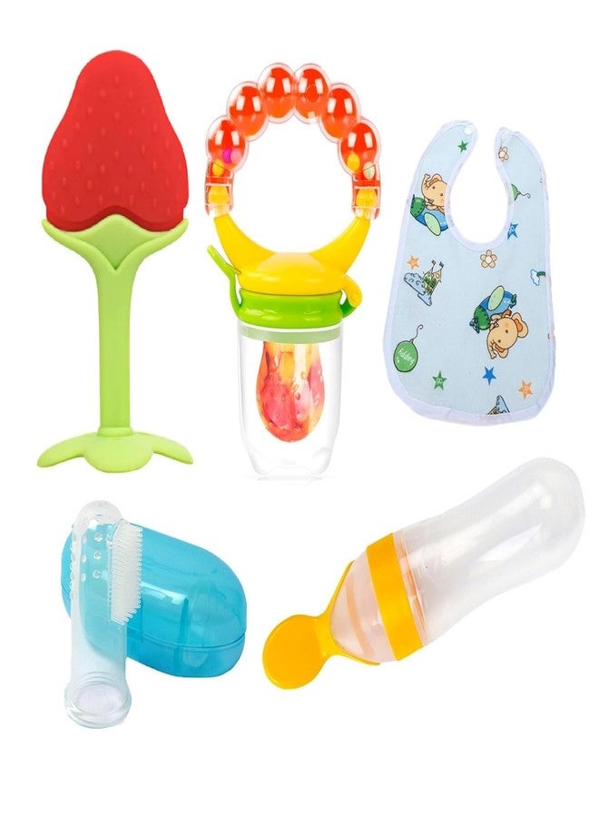 Joy Buzz Babies Fruit Feeder Pacifier (1 Pcs) With 1 Pcs Silicone Baby Food Dispensing Spoon 90Ml And 1 Pcs Fruit Teether 1Pcs Finger Brush 1 Pcs Baby Bib Gifting Combo (Rattle Combo 5 Pcs),Assorted - Image 1