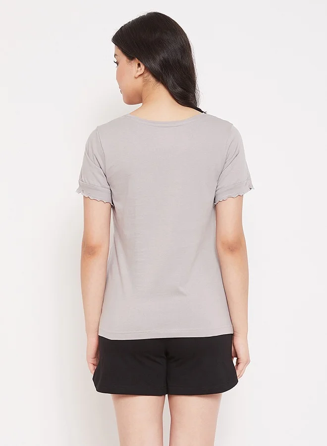 كلوفيا Clovia Owl Print Top & Shorts in Grey & Black - Cotton Rich