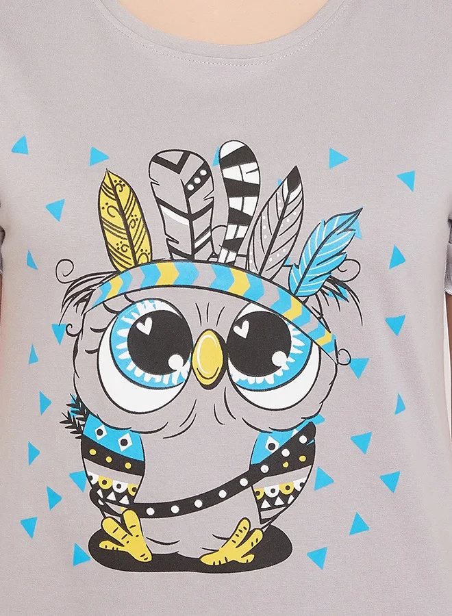 كلوفيا Clovia Owl Print Top & Shorts in Grey & Black - Cotton Rich