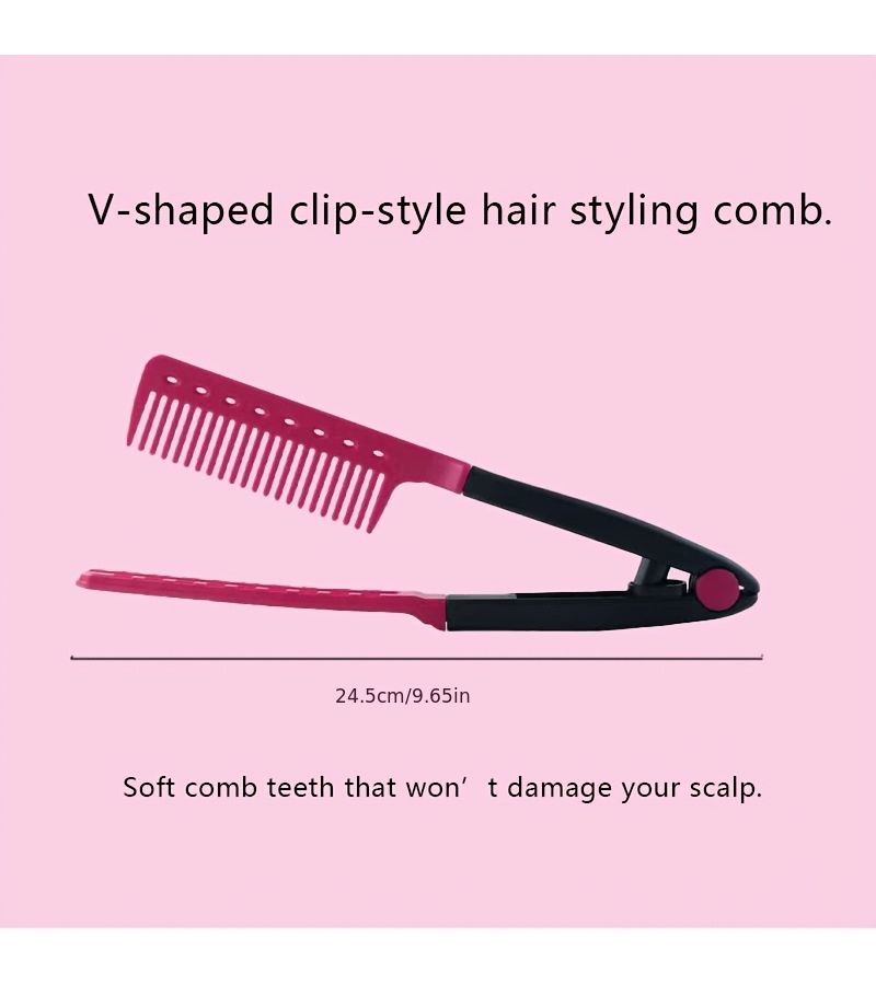 Pink V Clip Hair Styling Comb V Shaped Design Foldable Multi Functional Comb For Volumizing Curling Straightening And Smoothing - Image 1