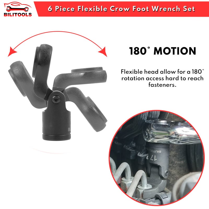 BILITOOLS Flex Head Crows Foot Line Wrench Set, 3/8" & 1/2" Drive Flex Flare Nut Wrench Injector Fuel Line Crowfoot Flare Nut Socket Wrench Metric 12-19 mm - Image 4