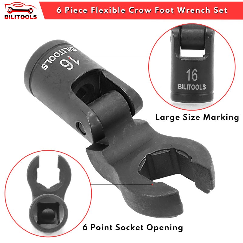 BILITOOLS Flex Head Crows Foot Line Wrench Set, 3/8" & 1/2" Drive Flex Flare Nut Wrench Injector Fuel Line Crowfoot Flare Nut Socket Wrench Metric 12-19 mm - Image 5