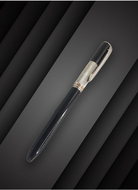 A luxurious steel pen with an elegant design that combines silver and black, with delicate decorations that add unique beauty and elegance to it.