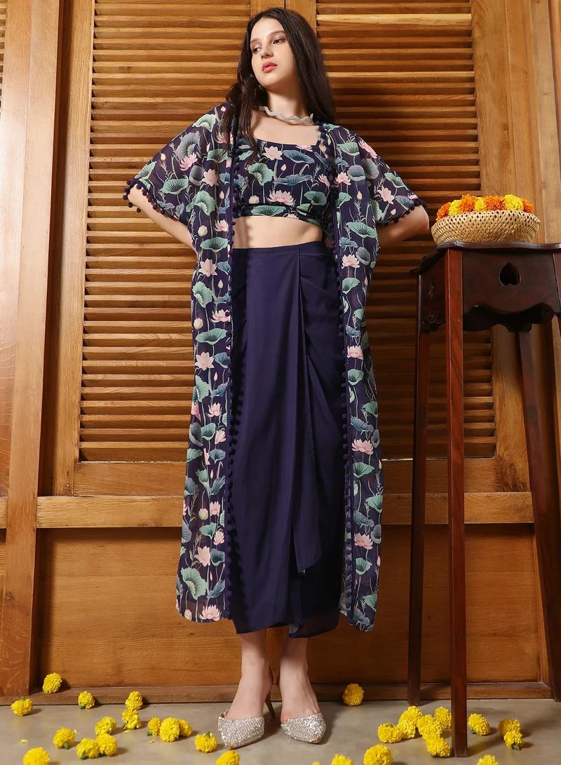 QISSA Women's Navy Blue Flora-Imprint Draped Co-Ord Set For Ethnic Wear | Spagetti Straps, Quarter Kimono Sleeves | Floral Print Plain Fabric | 3 Piece Co-Ords Designed For Evening & Party Wear