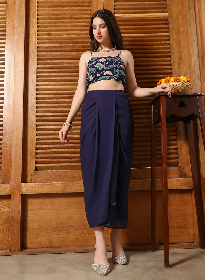 QISSA Women's Navy Blue Flora-Imprint Draped Co-Ord Set For Ethnic Wear | Spagetti Straps, Quarter Kimono Sleeves | Floral Print Plain Fabric | 3 Piece Co-Ords Designed For Evening & Party Wear