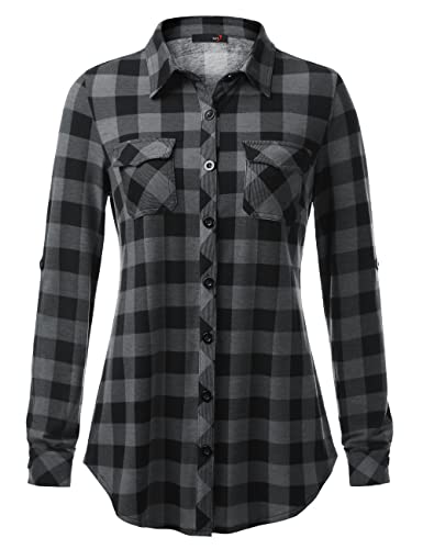 DJT Womens Soft Stretchy Knit Plaid Shirts Roll Up Long Sleeve Collared Button Down Blouses Tops Medium Black Plaid - Image 2