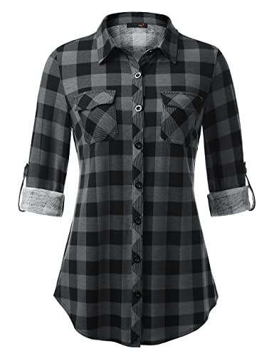 DJT Womens Soft Stretchy Knit Plaid Shirts Roll Up Long Sleeve Collared Button Down Blouses Tops Medium Black Plaid - Image 1
