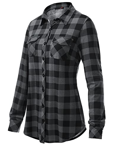 DJT Womens Soft Stretchy Knit Plaid Shirts Roll Up Long Sleeve Collared Button Down Blouses Tops Medium Black Plaid - Image 3