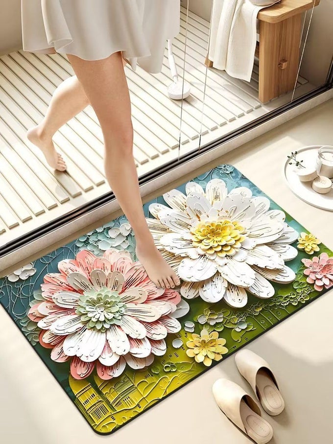 BATHROOM MAT,DOOR MAT DOOR MAT, RUBBER NON-SLIP QUICK DRY RUGS FIT UNDER DOOR SUPER ABSORBENT THIN FASHION WASHABLE OVAL FLOOR BATH MAT FOR BATHROOM, BATHTUB, SHOWER AND SINK (2, SUN FLOWER)