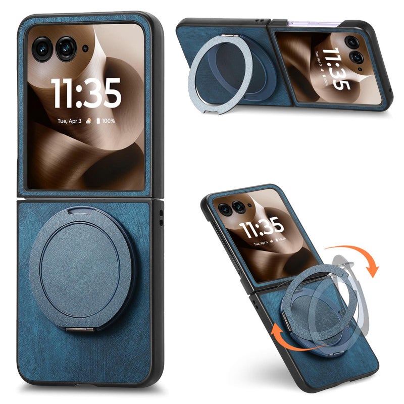 erorex For Motorola Moto Razr 40 Ultra Retro Leather Rotation Round Holder Phone Case(Blue) - Image 1