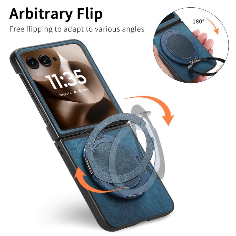 erorex For Motorola Moto Razr 40 Ultra Retro Leather Rotation Round Holder Phone Case(Blue) - Image 4