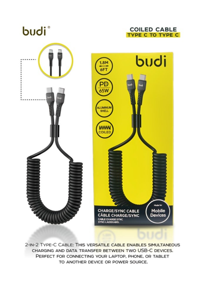 بودي كابل شحن ومزامنة ملفوف من النوع C إلى النوع C، كابل نقل بيانات عالي السرعة بقوة 65 وات للهواتف الذكية والأجهزة اللوحية وأجهزة الكمبيوتر المحمولة وأجهزة USB-C - Image 1