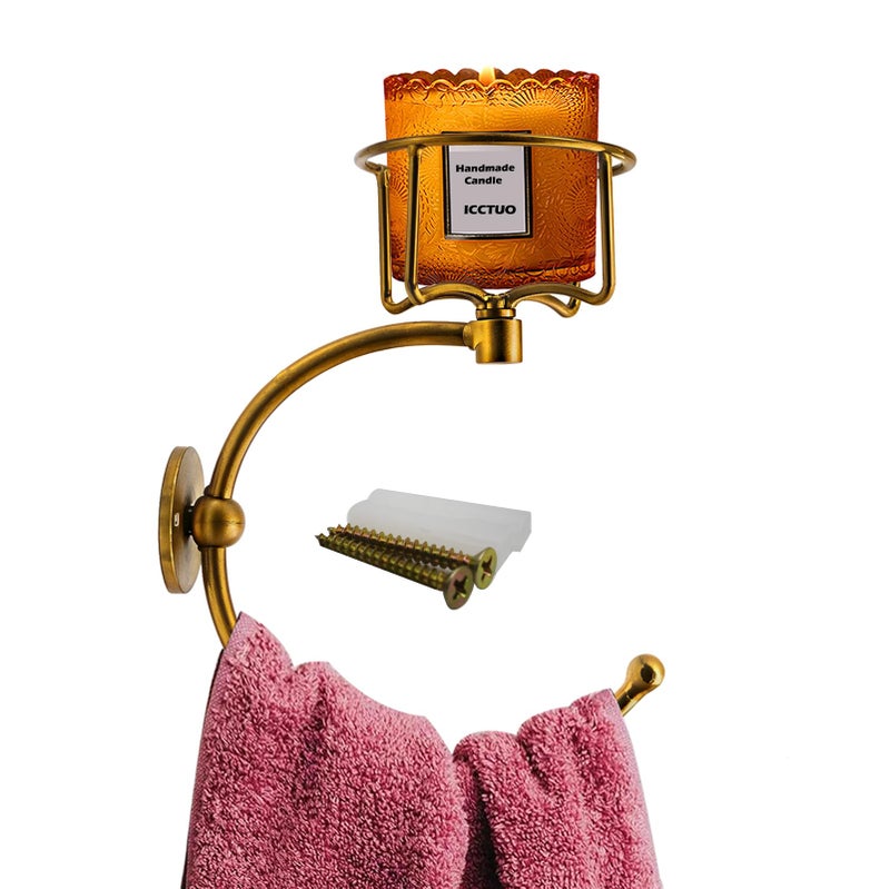 ICCTUO Hand Towel Holder with Vintage Candle Holder for Wall, Towel Hook for Bathroom Wall, Rustic Towel Ring with Elegent Candle Holder, Sturdy Wall Mounted Hanger for Bathroom - Image 1
