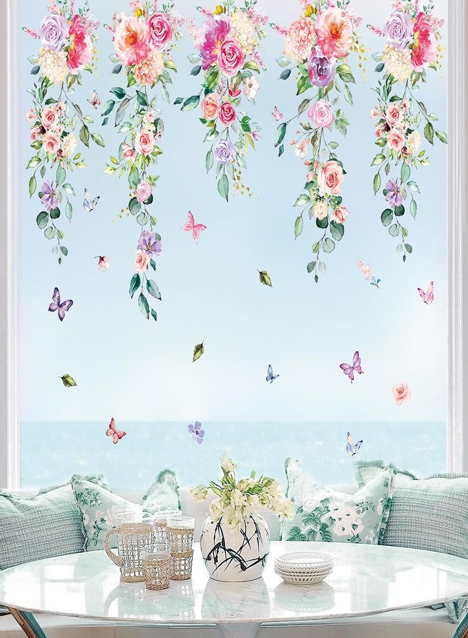 وولاين مجموعة ملصقات نوافذ من 9 أوراق من Whaline، بتصميم زهور الربيع المتدلية، ملصقات زجاجية مزخرفة بأزهار الأوكالبتوس، ألوان مائية وردية وأرجوانية، قابلة لإعادة الاستخدام، لتزيين النوافذ في الحفلات والمنازل والفصول الدراسية. - Image 1