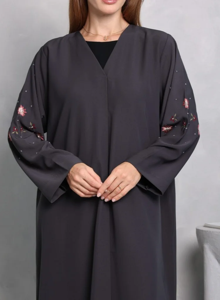 Nikias  Grey soft crepe with light thread work on sleeves for Women | Best Price UAE