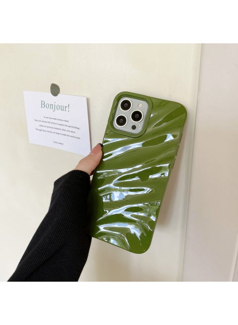 Three-dimensional Pleated Pattern For IPhone16pro Max Apple 15 Mobile Phone Case 14/13 Soft Case Niche High-end Feeling-Color:WT Pleated Glossy Green-Applicable Model:11promax (without Packaging)