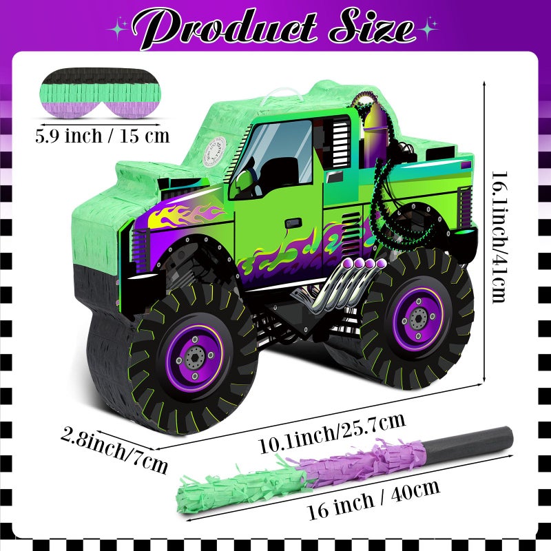 Threan Monster Truck Party Decorations Green and Purple Monster Truck PiÃ±ata Racing Car PiÃ±ata Game with Stick Blindfold for Adults Cool Birthday Party Decor Supplies - Image 3