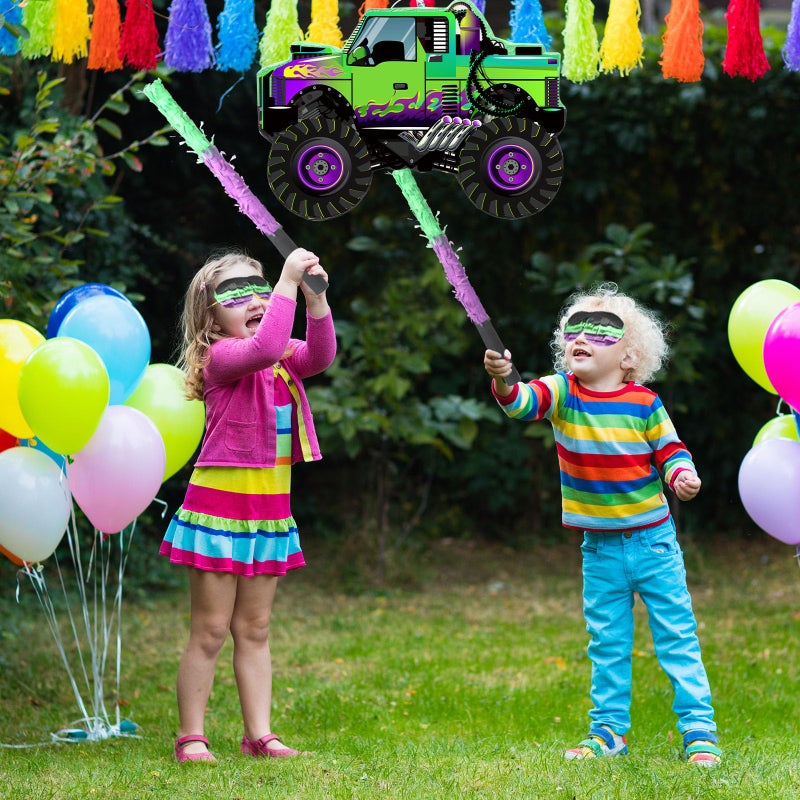 Threan Monster Truck Party Decorations Green and Purple Monster Truck PiÃ±ata Racing Car PiÃ±ata Game with Stick Blindfold for Adults Cool Birthday Party Decor Supplies - Image 4