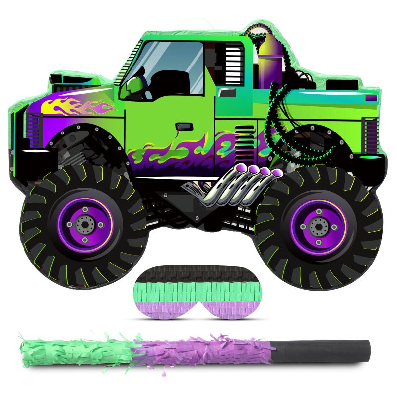 Threan Monster Truck Party Decorations Green and Purple Monster Truck PiÃ±ata Racing Car PiÃ±ata Game with Stick Blindfold for Adults Cool Birthday Party Decor Supplies - Image 1