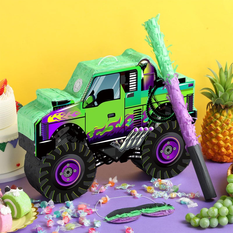 Threan Monster Truck Party Decorations Green and Purple Monster Truck PiÃ±ata Racing Car PiÃ±ata Game with Stick Blindfold for Adults Cool Birthday Party Decor Supplies - Image 2