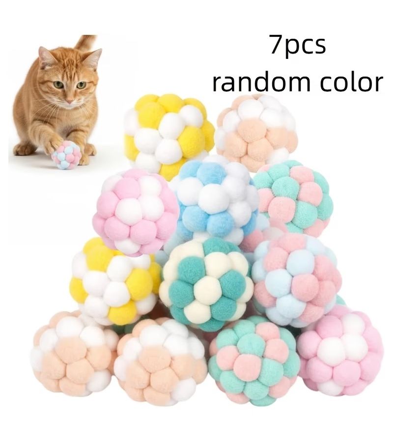 7pcs Cat Toys Plush Ball Bouncy Ball With Bell Macaron Multicolor Knitted Ball Pet Self Play Interactive Chasing Toy Random Color - Image 1