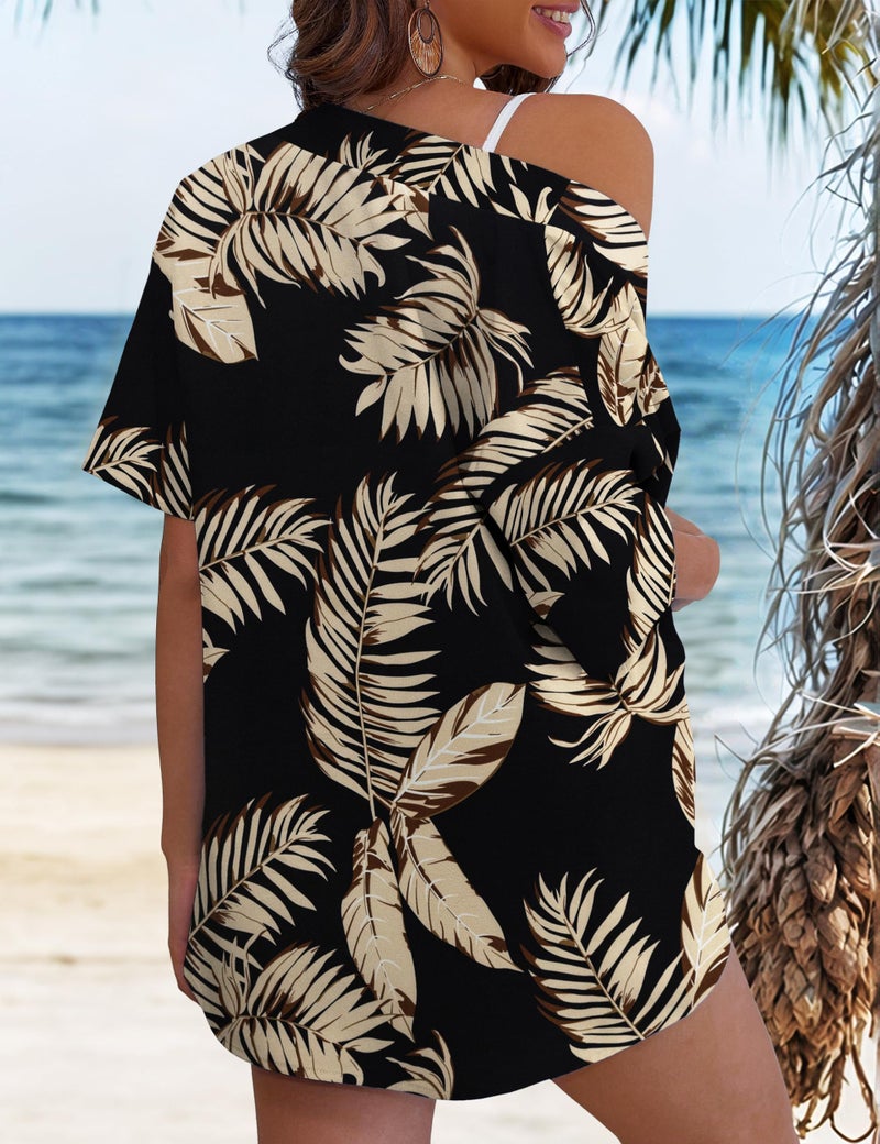 REDHOTYPE Women's 2 Piece Outfits Kimono Style Tropical Print Cover Ups Half Sleeve Blouse Shorts Set Summer Beachwear,Black Flower 01,L - Image 4