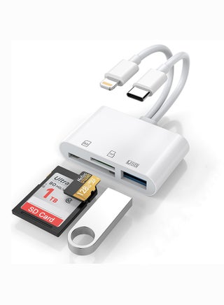 SD Card Reader for iPhone, iPad, Mac – Dual Lightning & USB-C Connector | Plug & Play Memory Card Adapter for SD, MicroSD, USB Devices