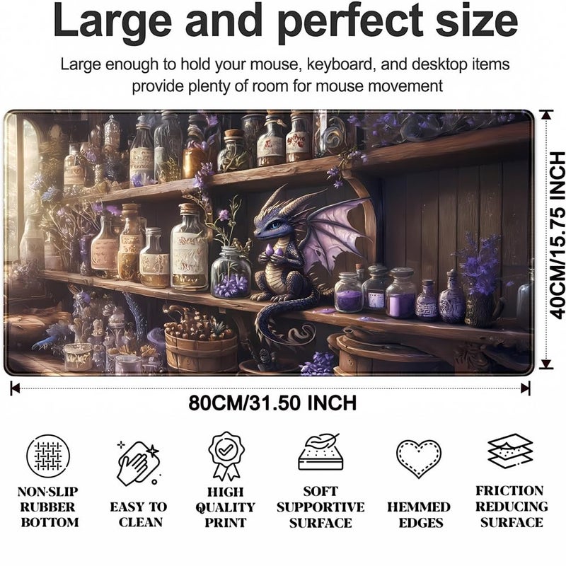 YKJWW Purple Dragon Desk Mat Cute Large Gaming Keyboard Mouse Pad, Dragon Magic Desk Pad Extended Mouse Pad Gaming Office Decor for Pc Laptop Mouse Pads (31.5x15.7 in) with Stitched Eges Non-Slip Base - Image 3