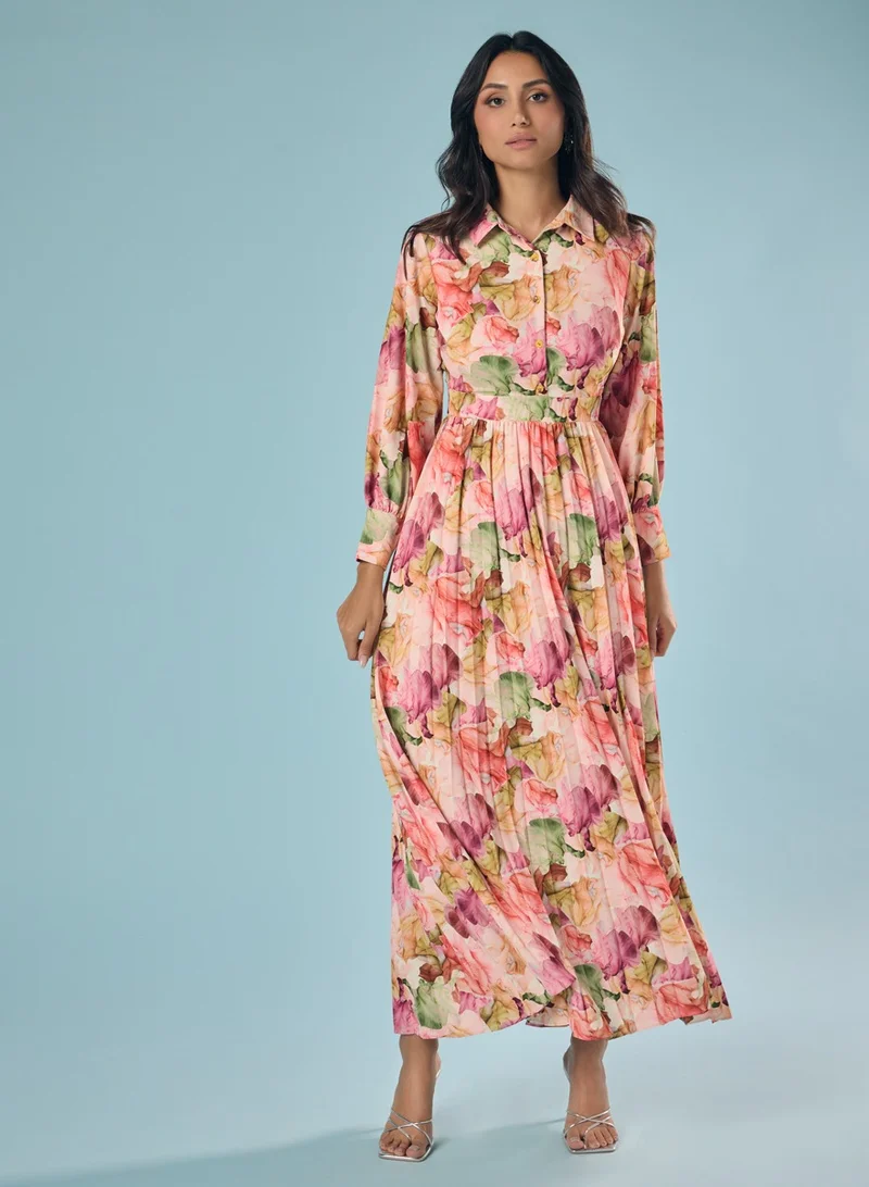 Zigzag Floral Pleated Maxi Dress