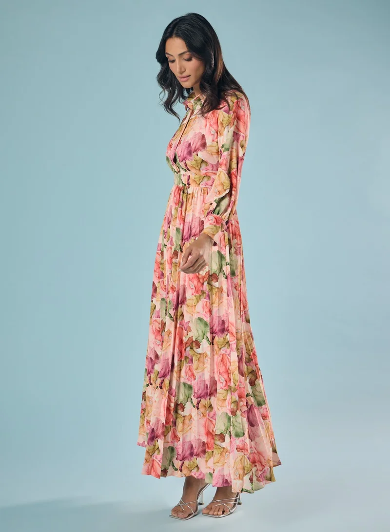 Zigzag Floral Pleated Maxi Dress