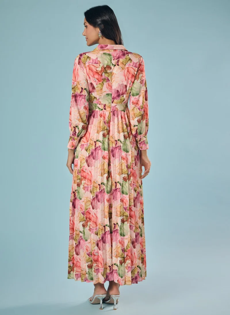 Zigzag Floral Pleated Maxi Dress