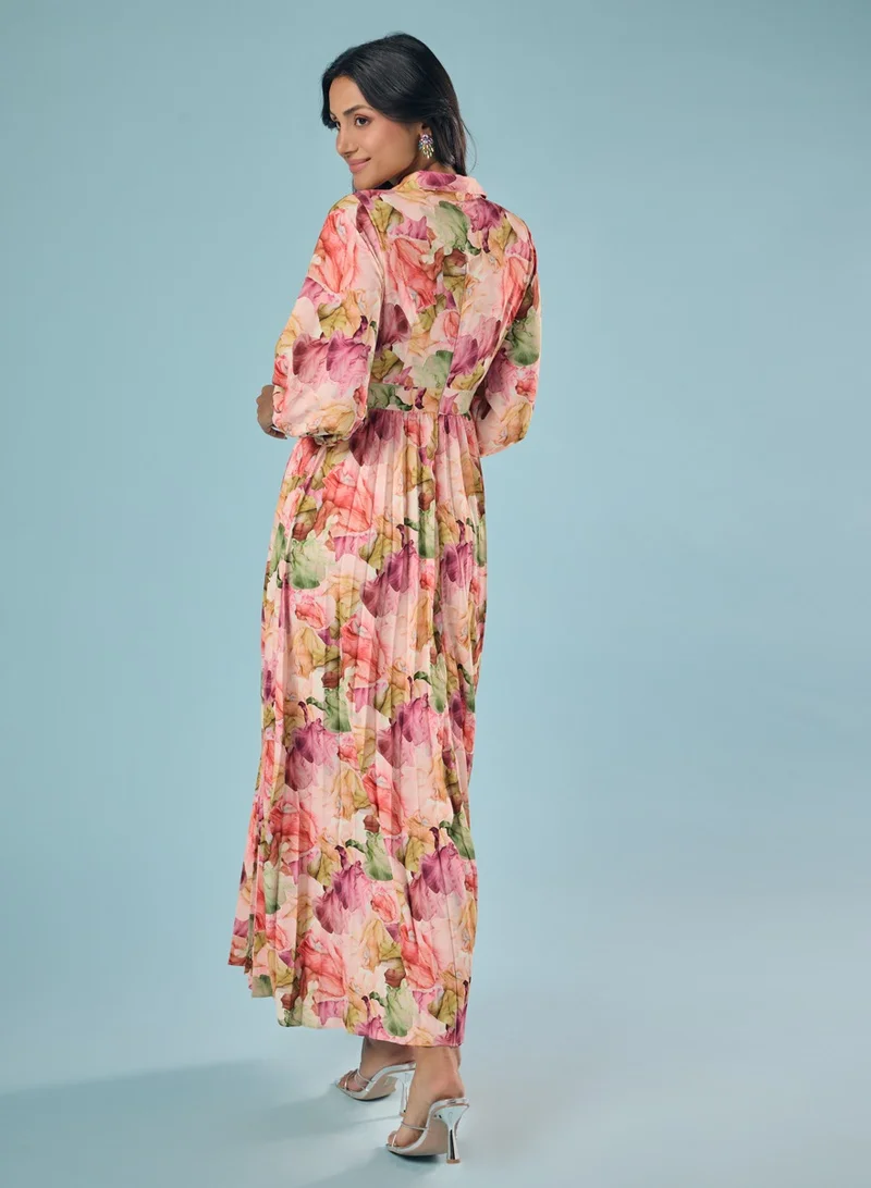 Zigzag Floral Pleated Maxi Dress