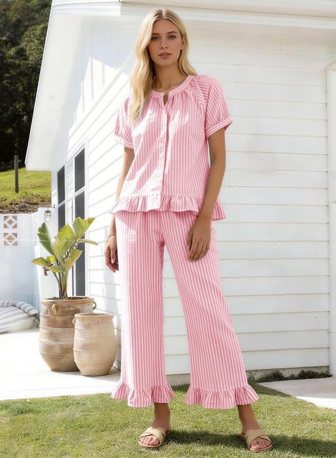 Flygo Womens Striped Pajama Sets 2 Piece Cotton Pjs Lounge Set Ruffle Button Down Tops Long Pants Soft Sleepwear with Pockets, Pink, L - Image 5