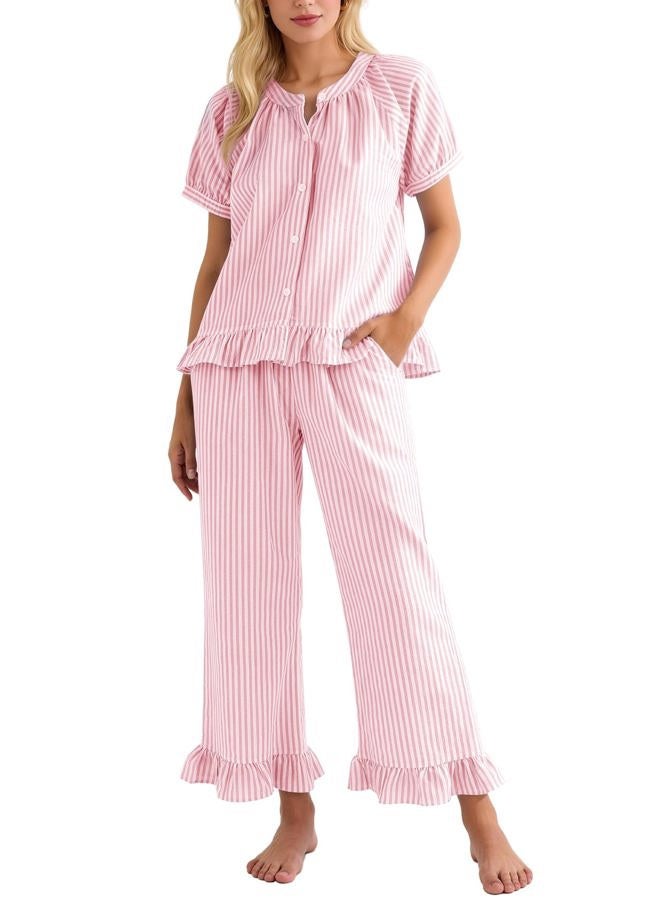 Flygo Womens Striped Pajama Sets 2 Piece Cotton Pjs Lounge Set Ruffle Button Down Tops Long Pants Soft Sleepwear with Pockets, Pink, L - Image 1