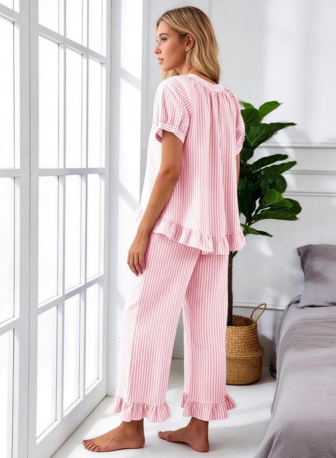 Flygo Womens Striped Pajama Sets 2 Piece Cotton Pjs Lounge Set Ruffle Button Down Tops Long Pants Soft Sleepwear with Pockets, Pink, L - Image 4