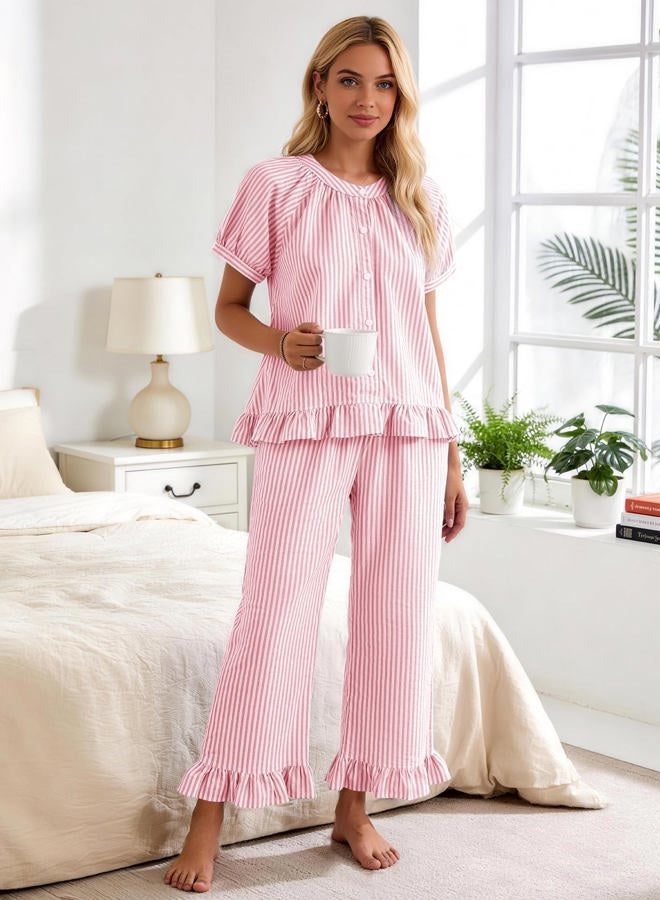Flygo Womens Striped Pajama Sets 2 Piece Cotton Pjs Lounge Set Ruffle Button Down Tops Long Pants Soft Sleepwear with Pockets, Pink, L - Image 2